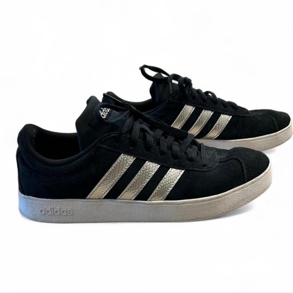 adidas Shoes - Adidas Women’s Black Suede Sneakers with Silver Stripes, Size 8.5